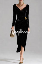 Retro long-sleeved pleated velvet slits midi dress