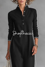 Minimalist White-trimmed Button-down Collar Sweatshirt Dress