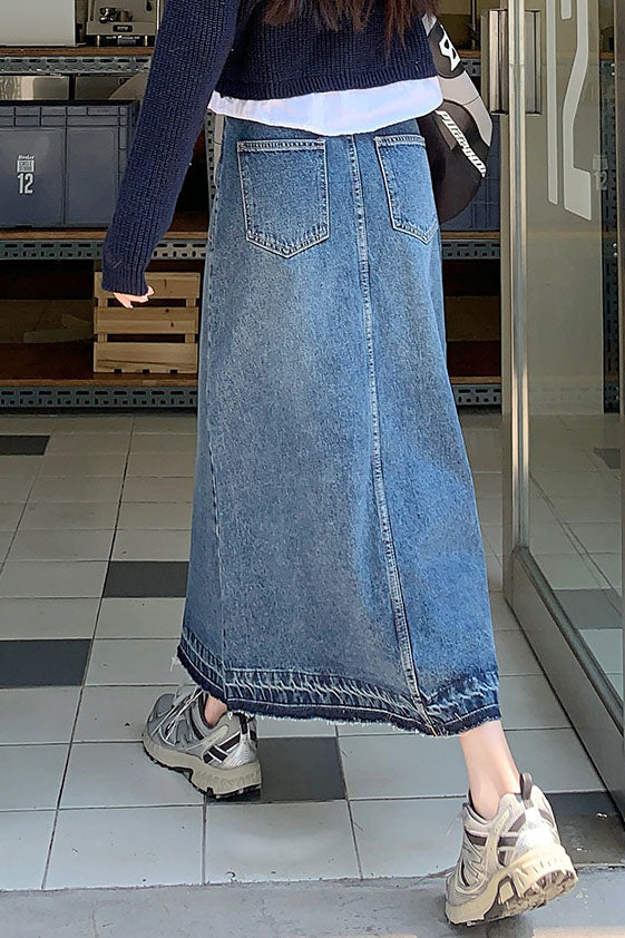 Jupe trapèze taille haute multipoches en denim lavé