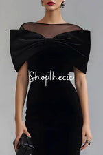 Mesh paneled off-the-shoulder velvet maxi dress