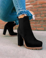 Suede round-toe leopard print chunky high-heeled short riding boots