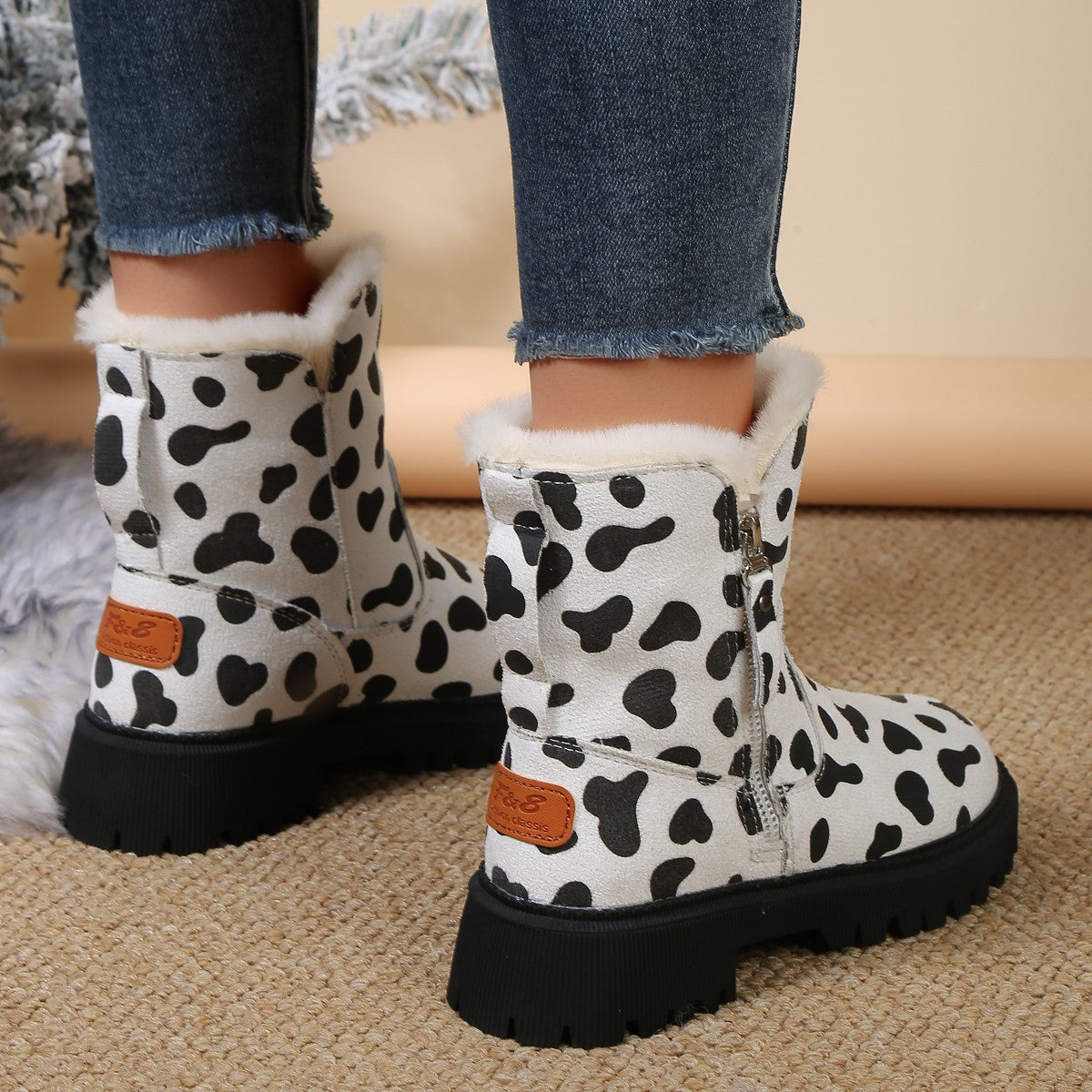 Sapatos de algodão com cano médio em veludo leopardo