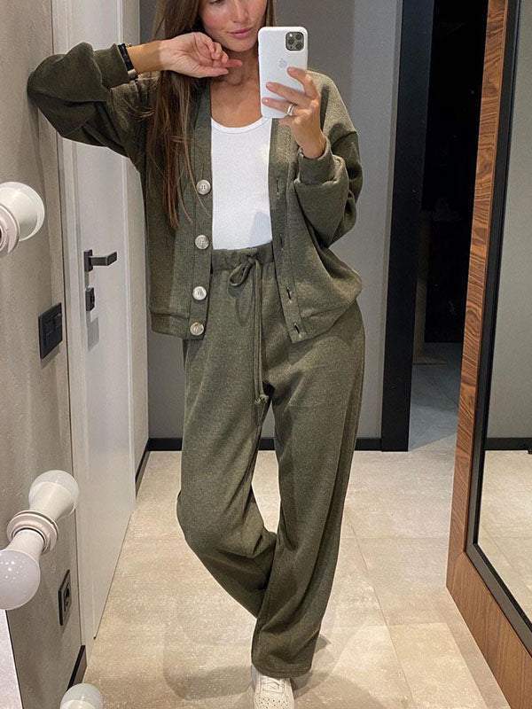 Ensemble deux pièces veste en tricot boutonnée à col en V et pantalon large