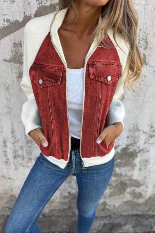 Zippered denim paneled sweatshirt jacket