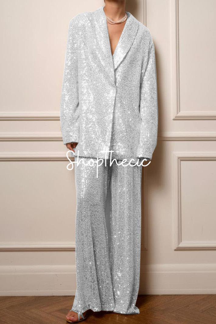Sequined V-neck loose-fitting suit jacket and wide-leg pants set