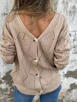 Reversible hollow leaf pattern V-neck long-sleeved knitted sweater