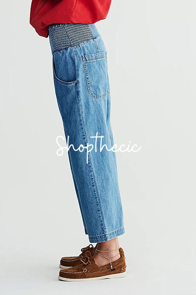 Washed drop-crotch mid-rise straight-leg harem cropped jeans