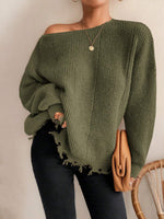 Solid color round neck ripped design loose knit sweater