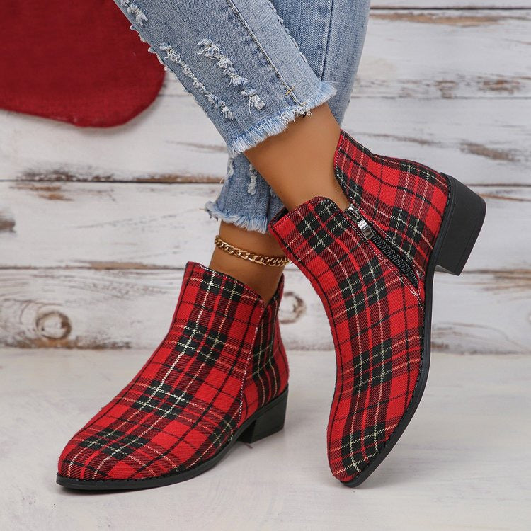 Chaussures en jean à bout rond à carreaux rouges et noirs