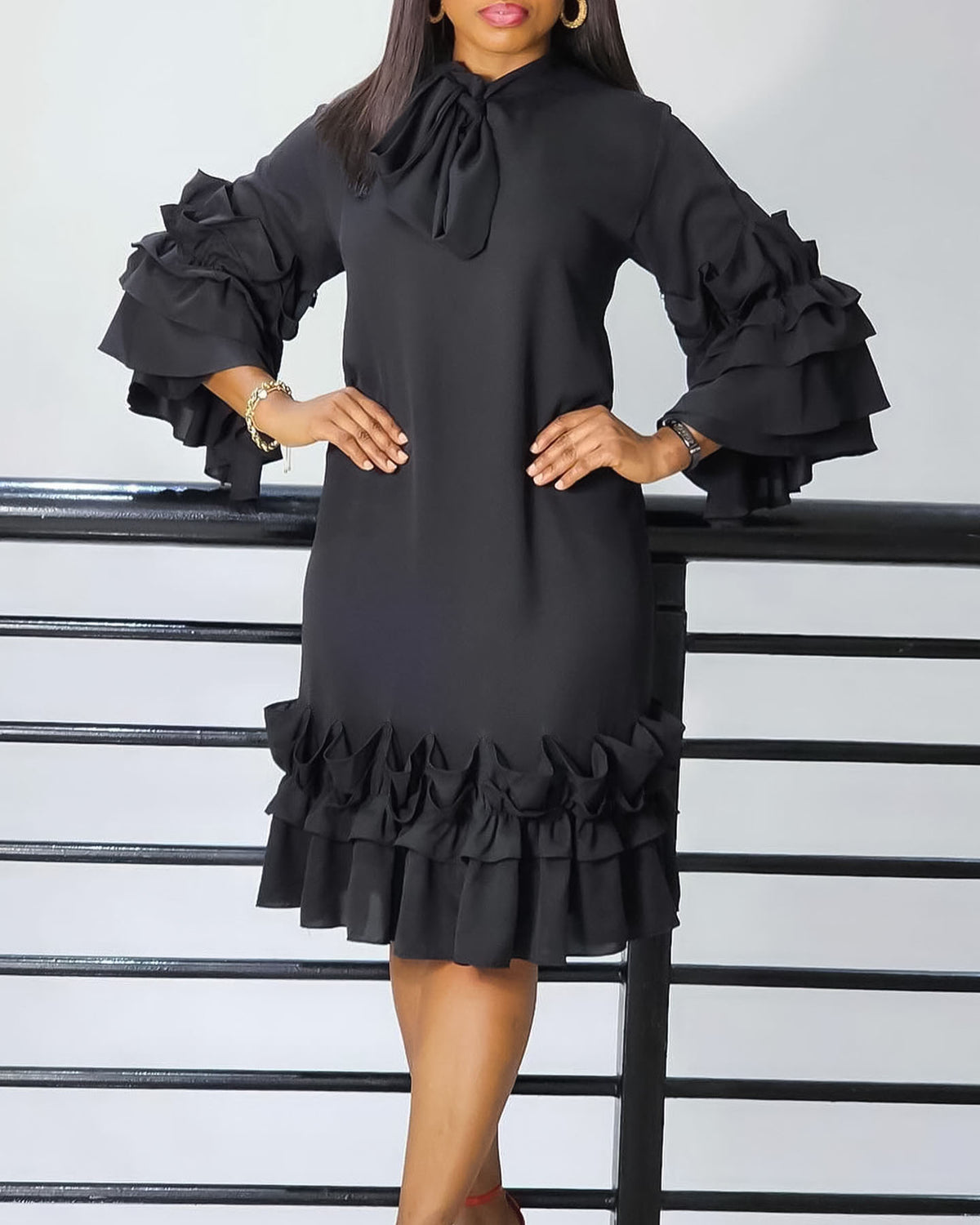 Vestido Midi Sólido Chique com Bainha com Babados e Manga Sino