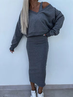 Solid Color V-Neck Long Sleeve Sweatshirt Suspender Slim Maxi Dress Two Piece Set