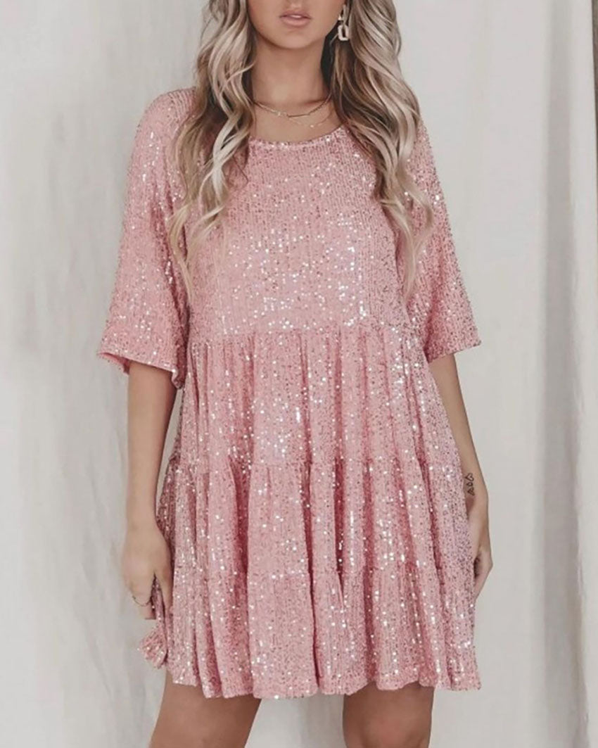 Robe taille ample à col rond et sequins