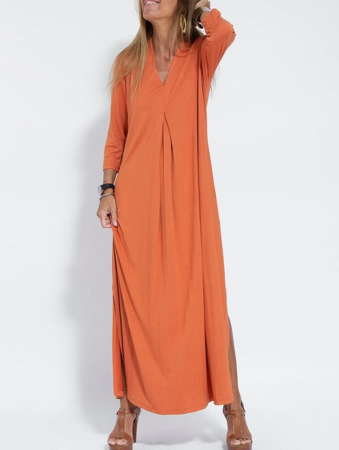 Robe fendue à manches trois-quarts et col en V de couleur unie