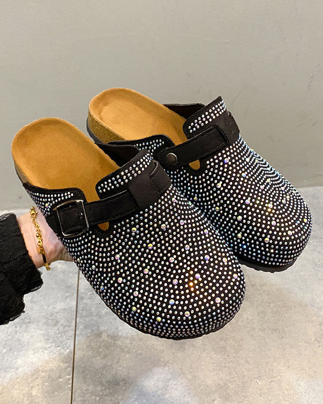 Embellished Rhinestone Closed-Toe Cork Slippers