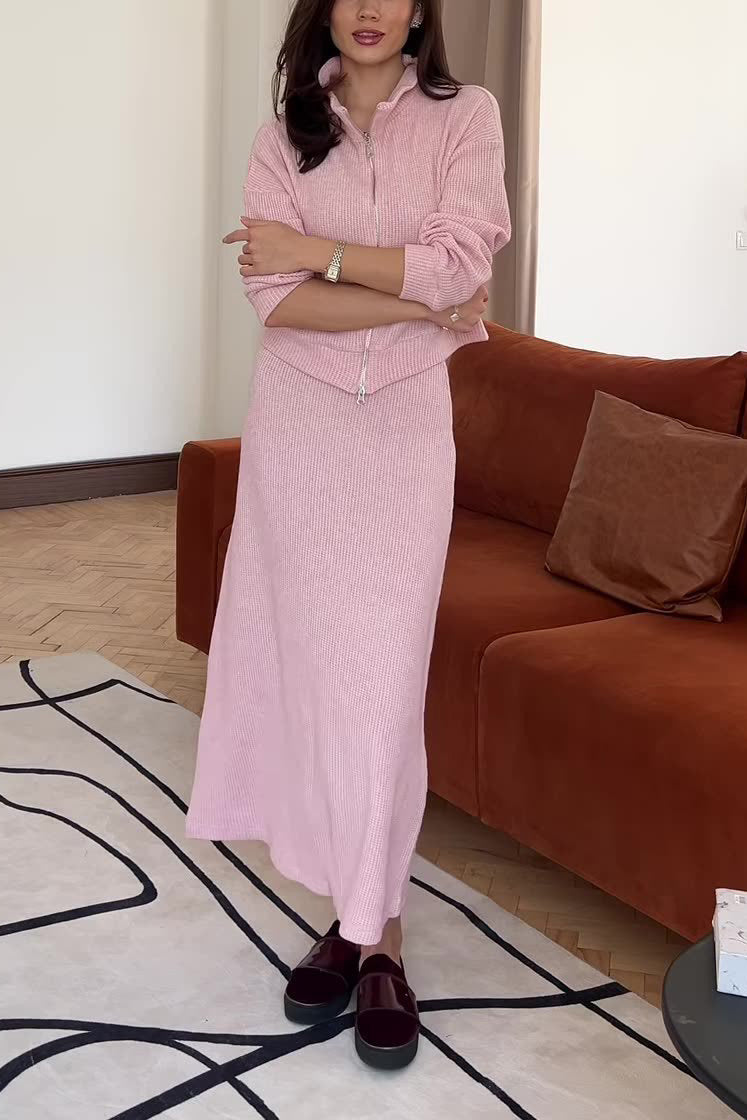 Ensemble deux pièces haut zippé à revers en tricot de couleur unie et jupe longue