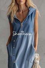 Minimalism Hooded Denim Sleeveless Maxi Dress