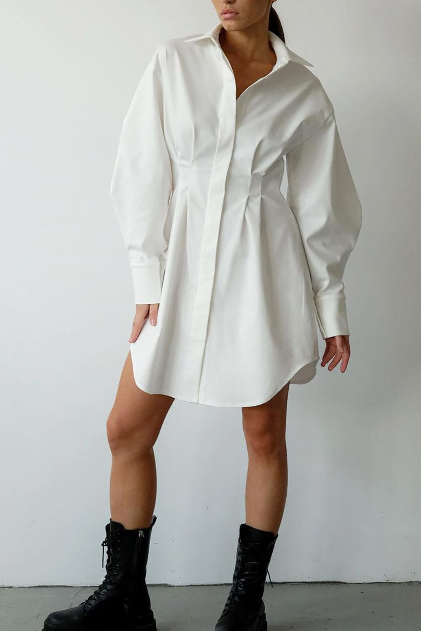 Vintage Cinched Waist Slim Fit Solid Color Shirt Dress