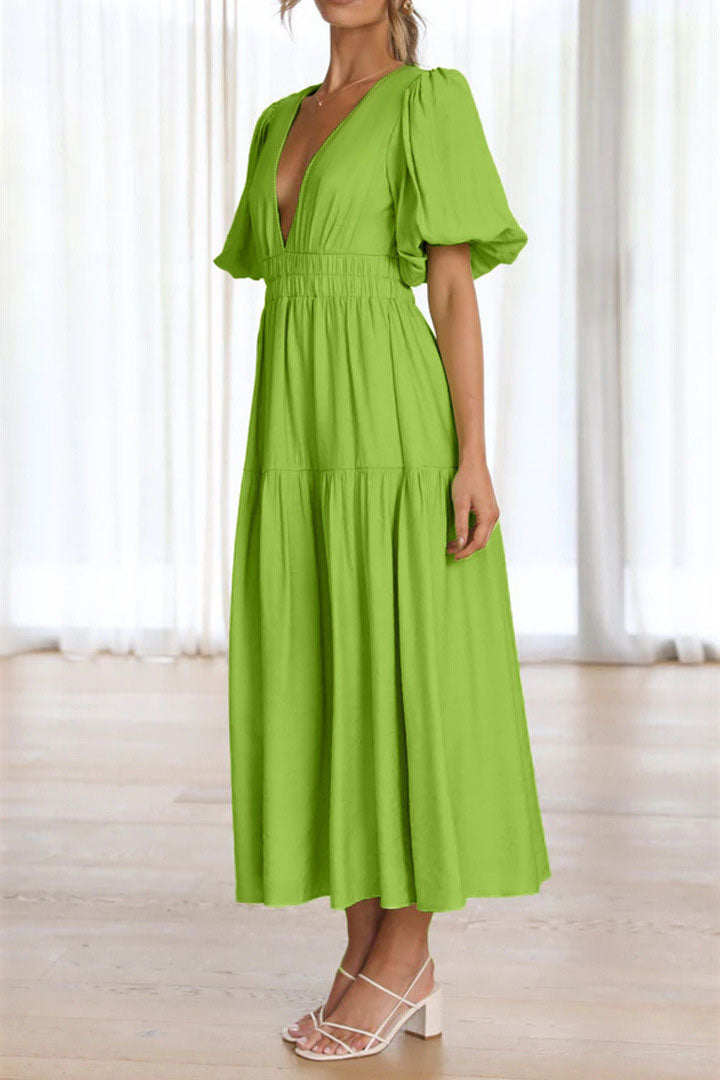 Vestido midi com manga lanterna e decote em V com cintura marcada