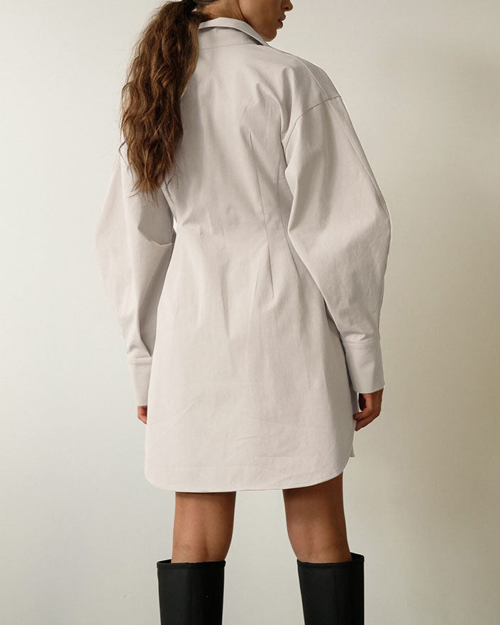 Vintage Cinched Waist Slim Fit Solid Color Shirt Dress