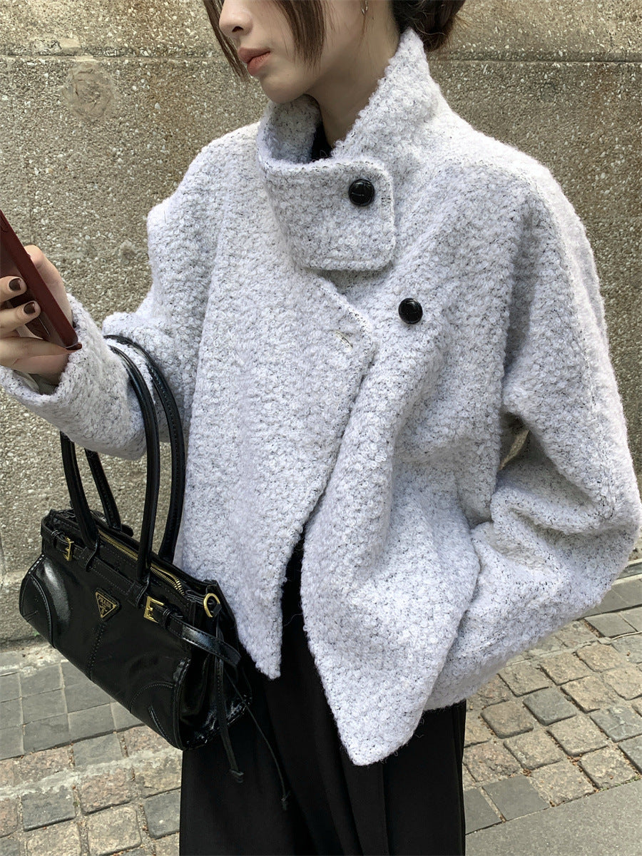 Grayish-white relaxed style stand-up collar short wool coat