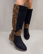 Suede upper with leopard back round toe thick heel boots