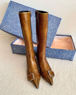 Genuine leather vintage belt buckle Chunky heel pointed toe side zipper boots