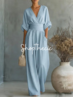 Elegant solid color fitted waist V-neck jumpsuit