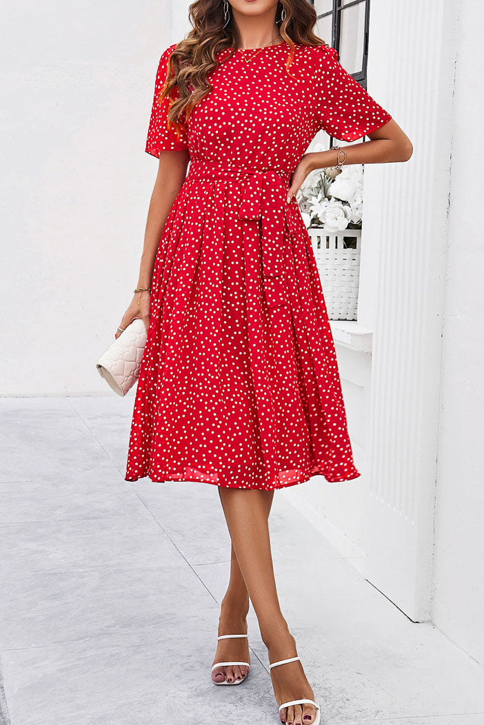 Rundhalsausschnitt, Kurzarm, Taillengürtel, Poled Dot-Kleid