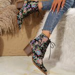 Retro ethnic style pointed toe thick heel lace-up embroidered Martin boots