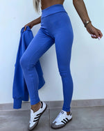 Loose long-sleeved round neck slit top and tight pants two-piece set