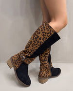 Suede upper with leopard back round toe thick heel boots