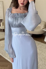 Square neckline patchwork pleated silk bell sleeve bodycon dress