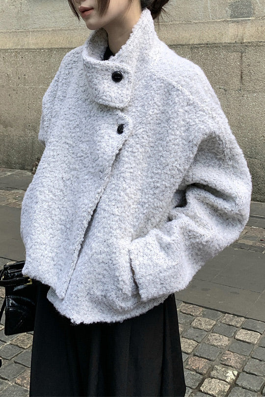 Grayish-white relaxed style stand-up collar short wool coat