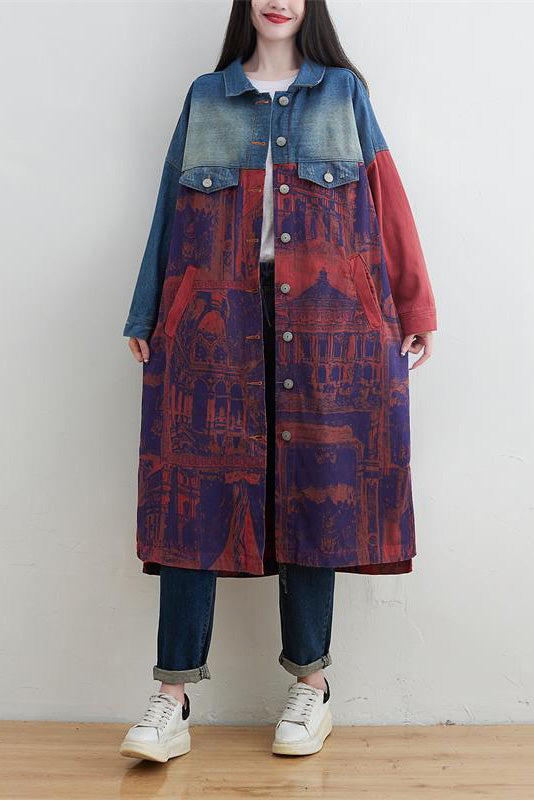 Knee-length patchwork denim trench coat