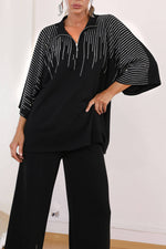 Rhinestone three-quarter sleeve top and wide-leg pants two-piece set