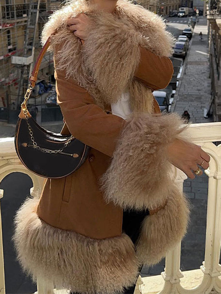 Brown plush shearling collar and sleeves Mid-length coat