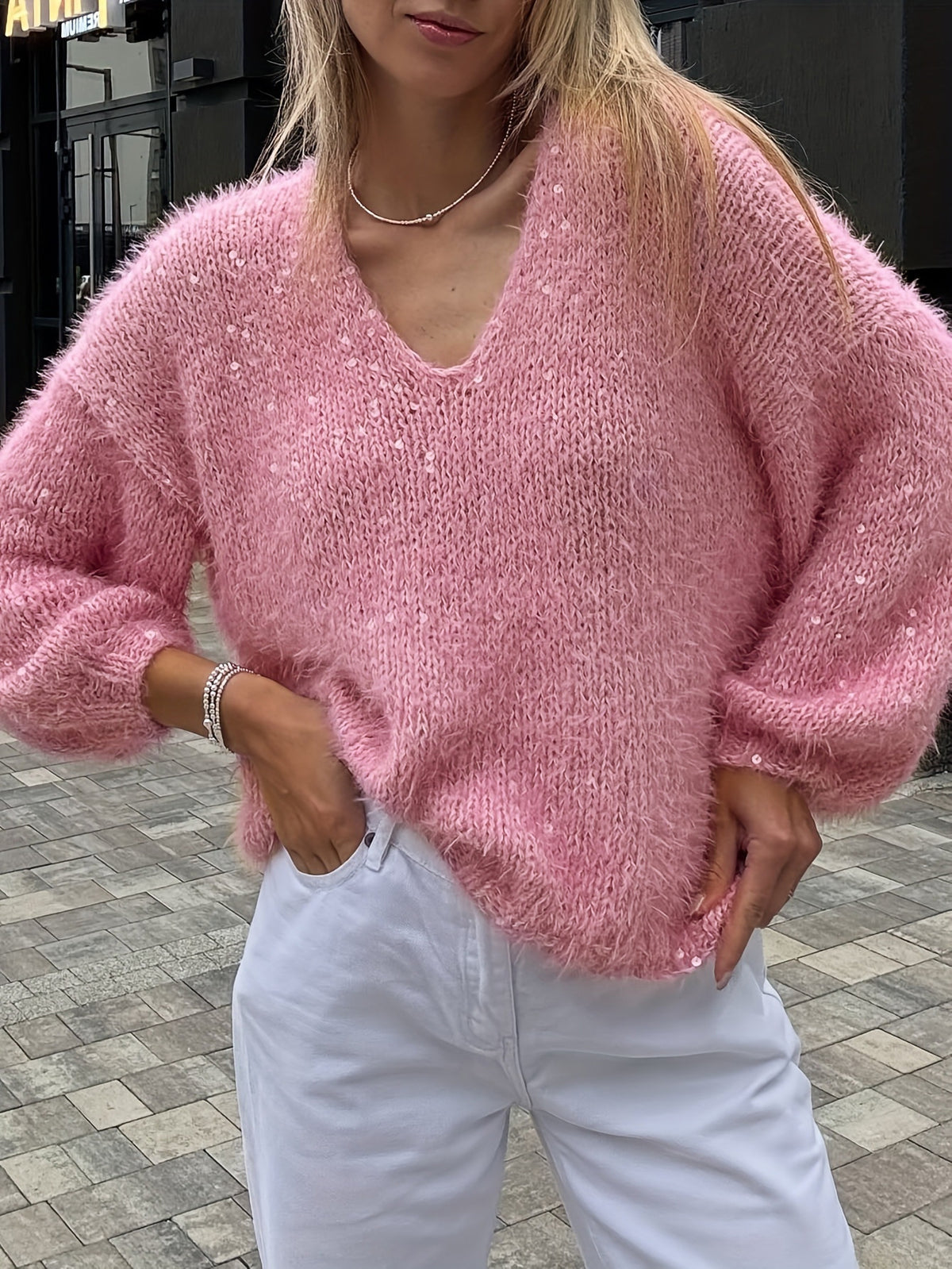 Pink shiny silk v-neck sweater pullover
