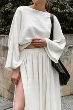 White bubble wrinkled cotton top and long skirt vacation set