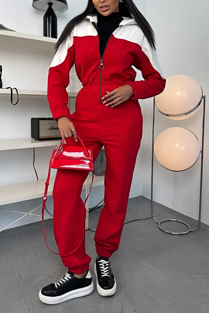 Color-blocked zipper fleece long-sleeved hooded jumpsuit