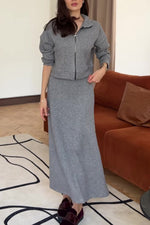 Solid color knit lapel zip-up top and maxi skirt two-piece set