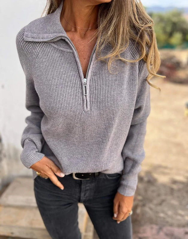 Einfarbiger, langärmliger Strickpullover mit Reißverschluss