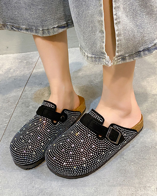Embellished Rhinestone Closed-Toe Cork Slippers