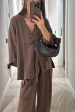 V-neck one-button loose long-sleeved top and high-waisted trousers two-piece set