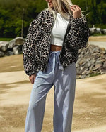 Leopard print cropped loose zip-up jacket