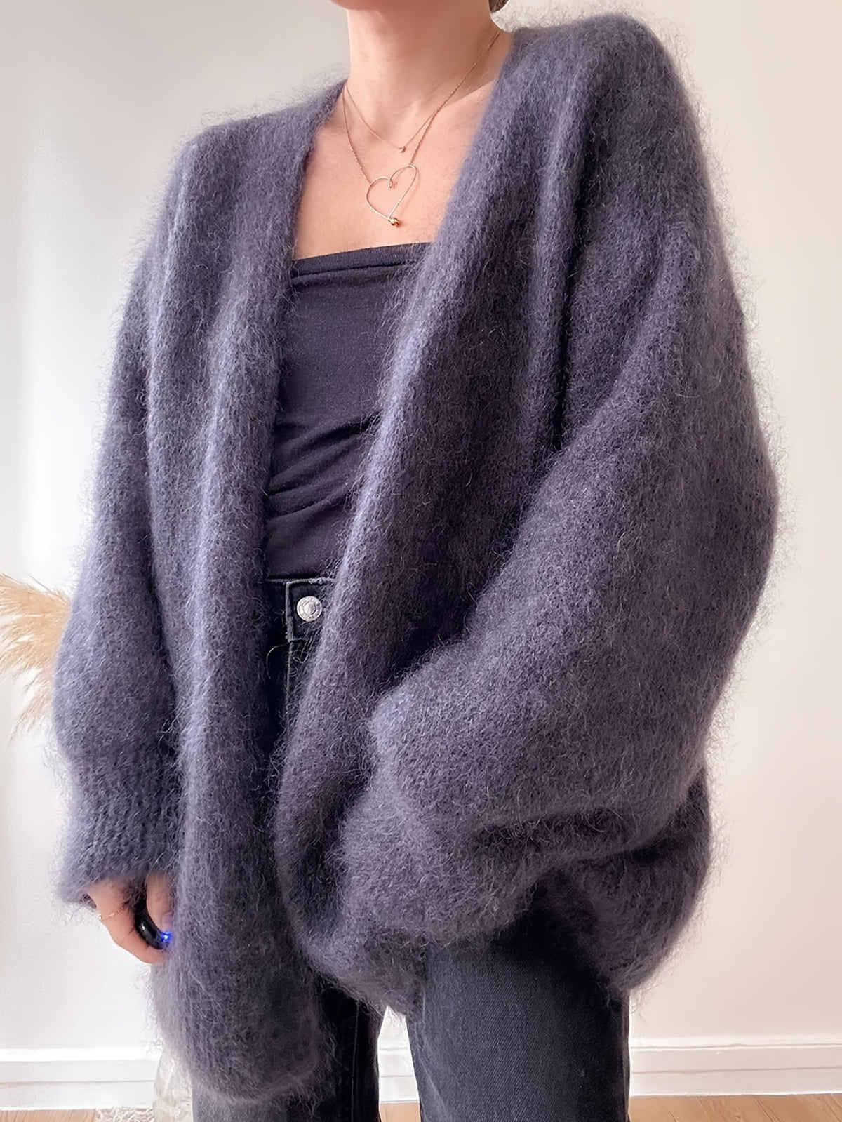 Gray Loose Faux Mink Knit Cardigan