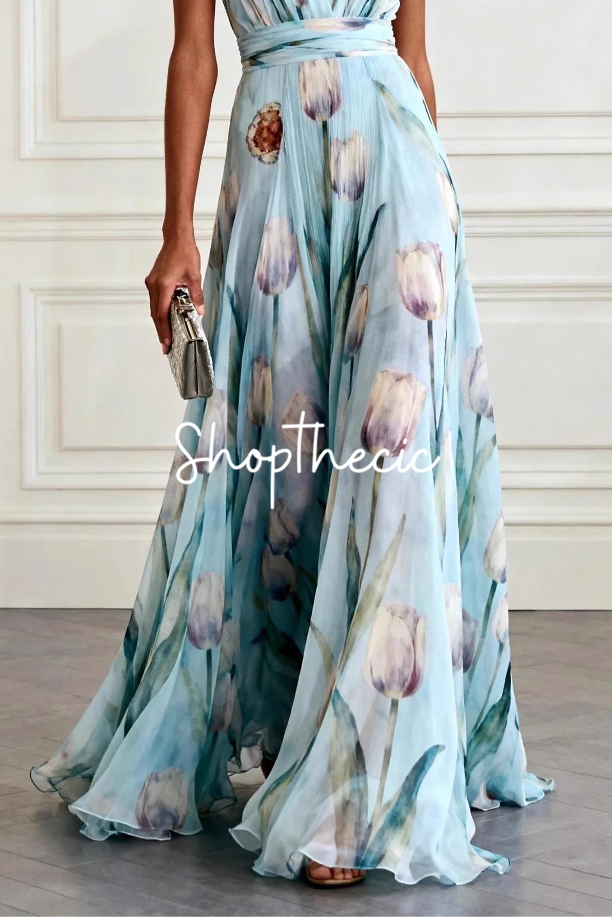 Tulip Print Sleeveless V-Neck Chiffon Maxi Dress