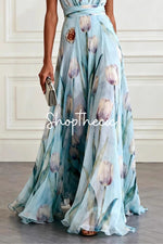 Tulip Print Sleeveless V-Neck Chiffon Maxi Dress