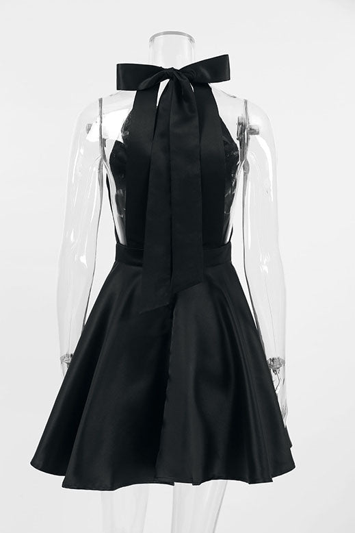 Black Satin High-Waisted Sleeveless Halter Neck Dress