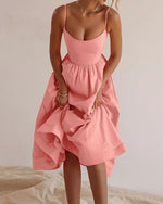 Solid color U-neck waist pleated Sling Dress