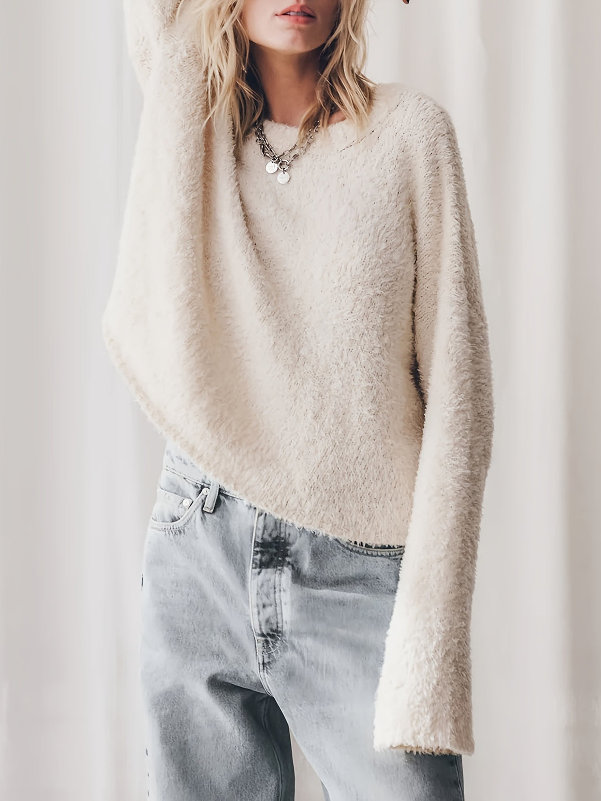 White Brushed Plush Crewneck Pullover Knit Top